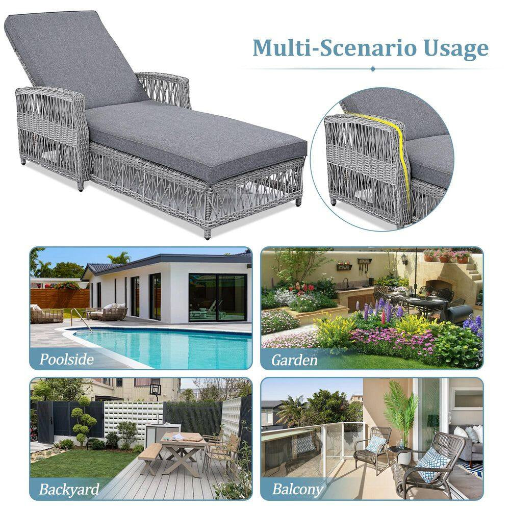 1-Piece Rattan Wicker Outdoor Patio Chaise Lounge Chairs with Adjustable Poolside Loungers Sunlounge and Blue Cushions