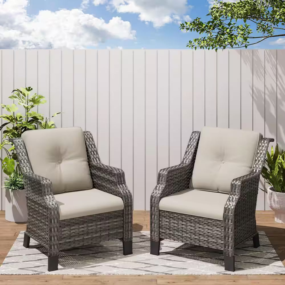 2-Piece Wicker Patio Outdoor Lounge Chair with Beige Cushions