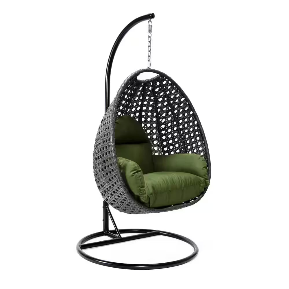 Charcoal Wicker Indoor Outdoor Hanging Egg Swing Chair for Bedroom and Patio with Stand and Cushion in Dark Green