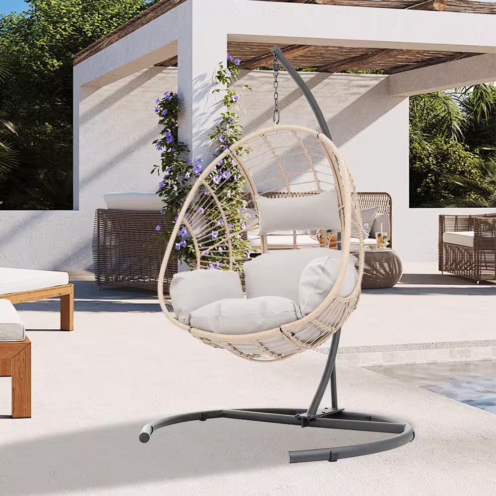 Wicker Patio Swing Outdoor Indoor PE Wicker Swing Egg Chair Hanging Chair in Beige