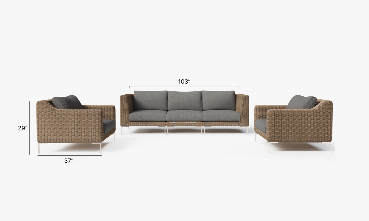 Handwoven brown wicker outdoor sofa set with two corner chairs and two armchairs, featuring gray cushions and aluminum legs.