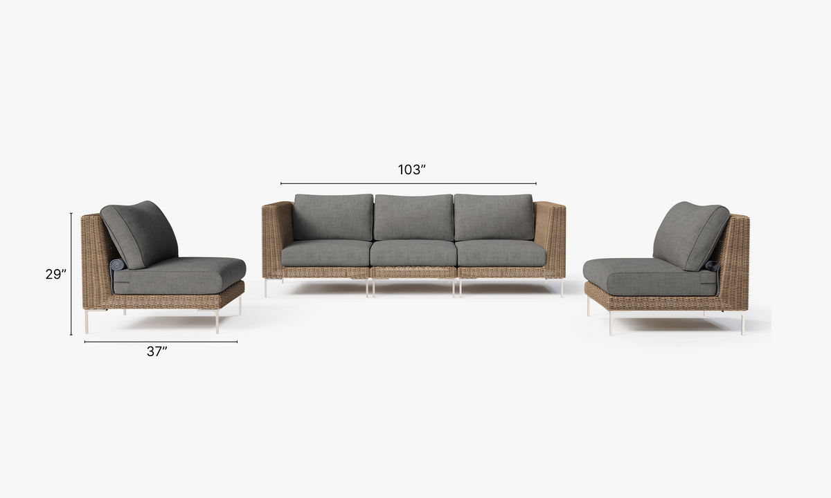 Handwoven brown wicker outdoor sofa set with two armless chairs. Features gray cushions and a modular design for versatility.