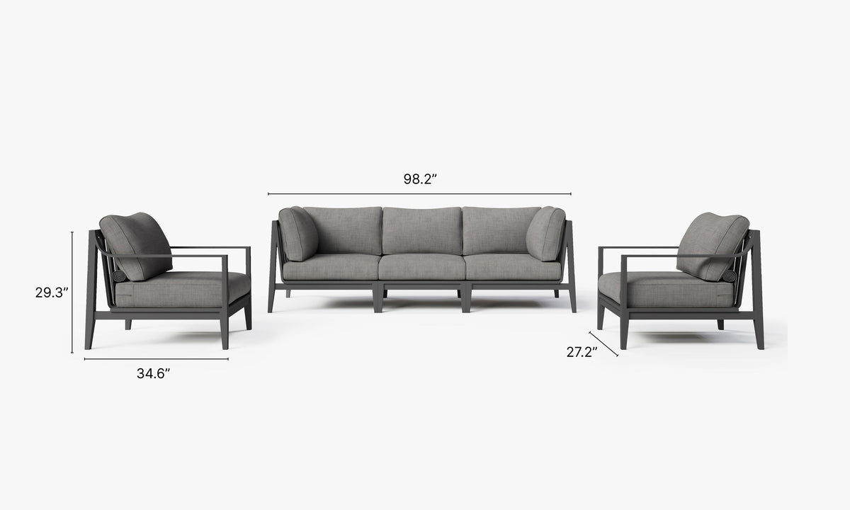 Charcoal aluminum outdoor sofa set with five seats, plush gray cushions, modular design, and clean lines.
