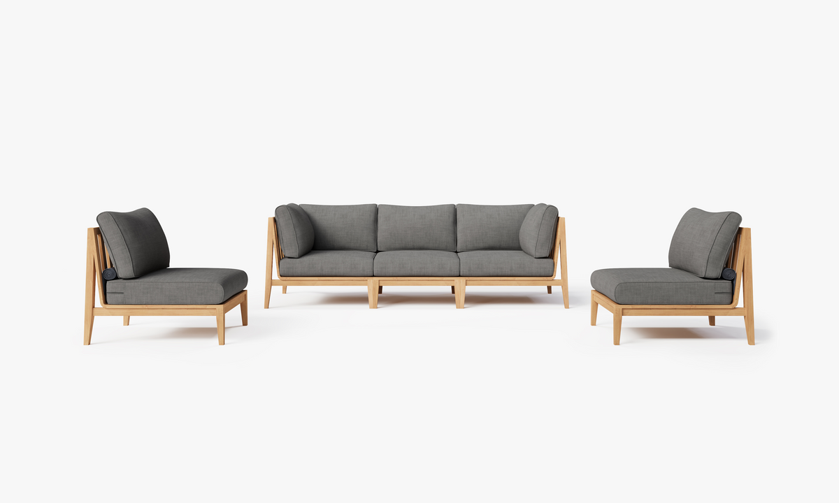 Outer Teak Outdoor Sofa set with two armless chairs in gray fabric, featuring a modular design and natural teak frame.