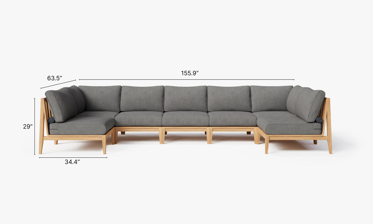 U-shaped outdoor sectional with FSC-certified teak frame and dark gray memory foam cushions, designed for 7 seats.