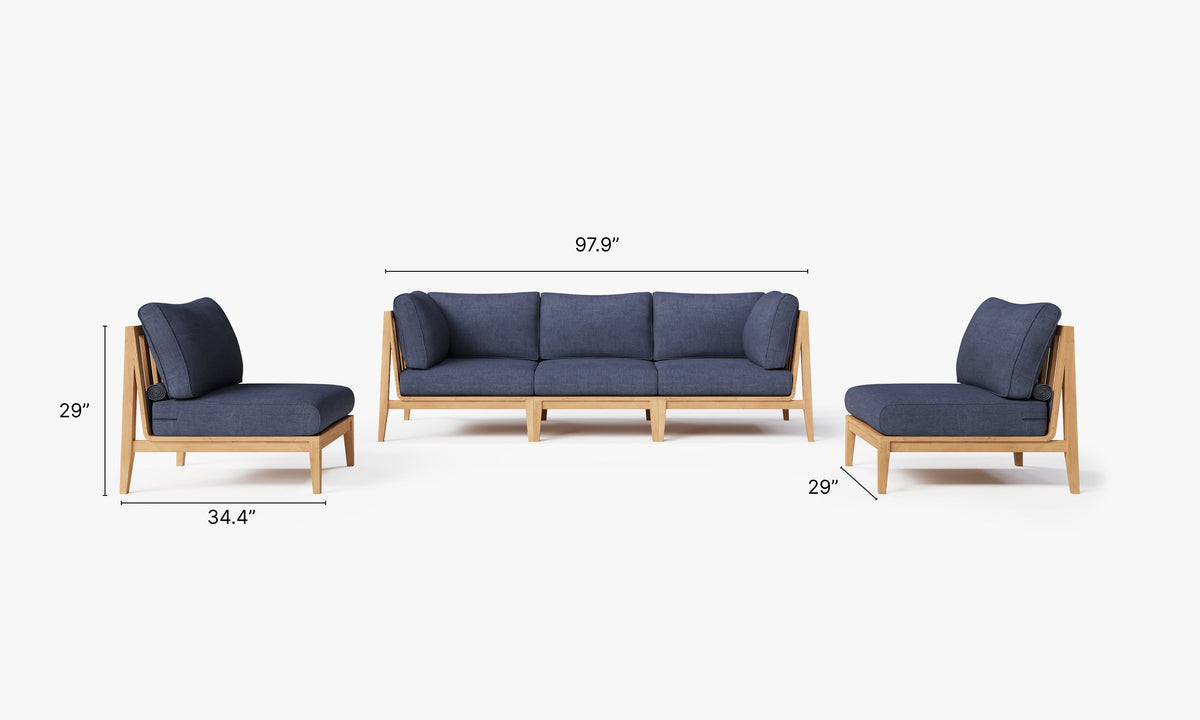 Teak outdoor sofa set with navy cushions, featuring a three-seat sofa and two armless chairs, modular design.