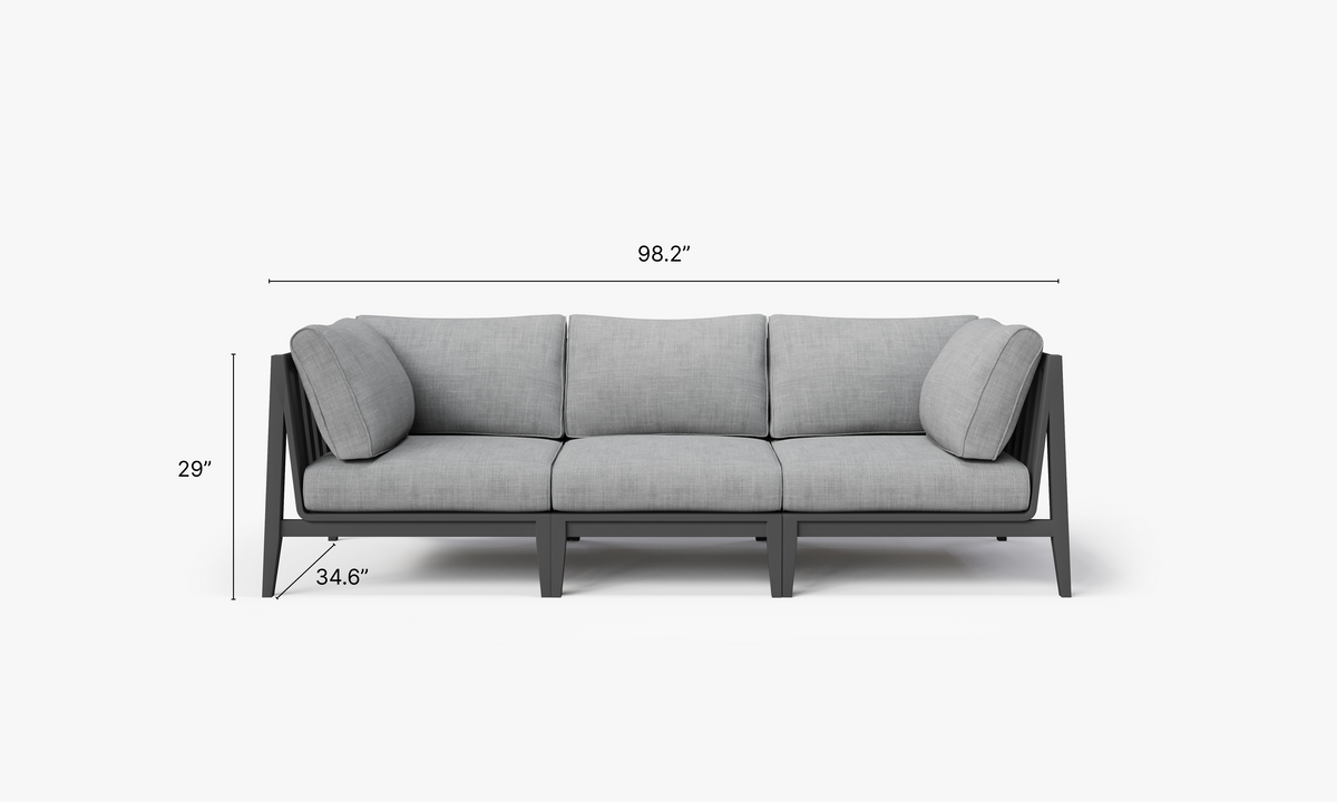 Charcoal aluminum three-seat outdoor sofa with layered memory foam cushions in light gray fabric and modern design.