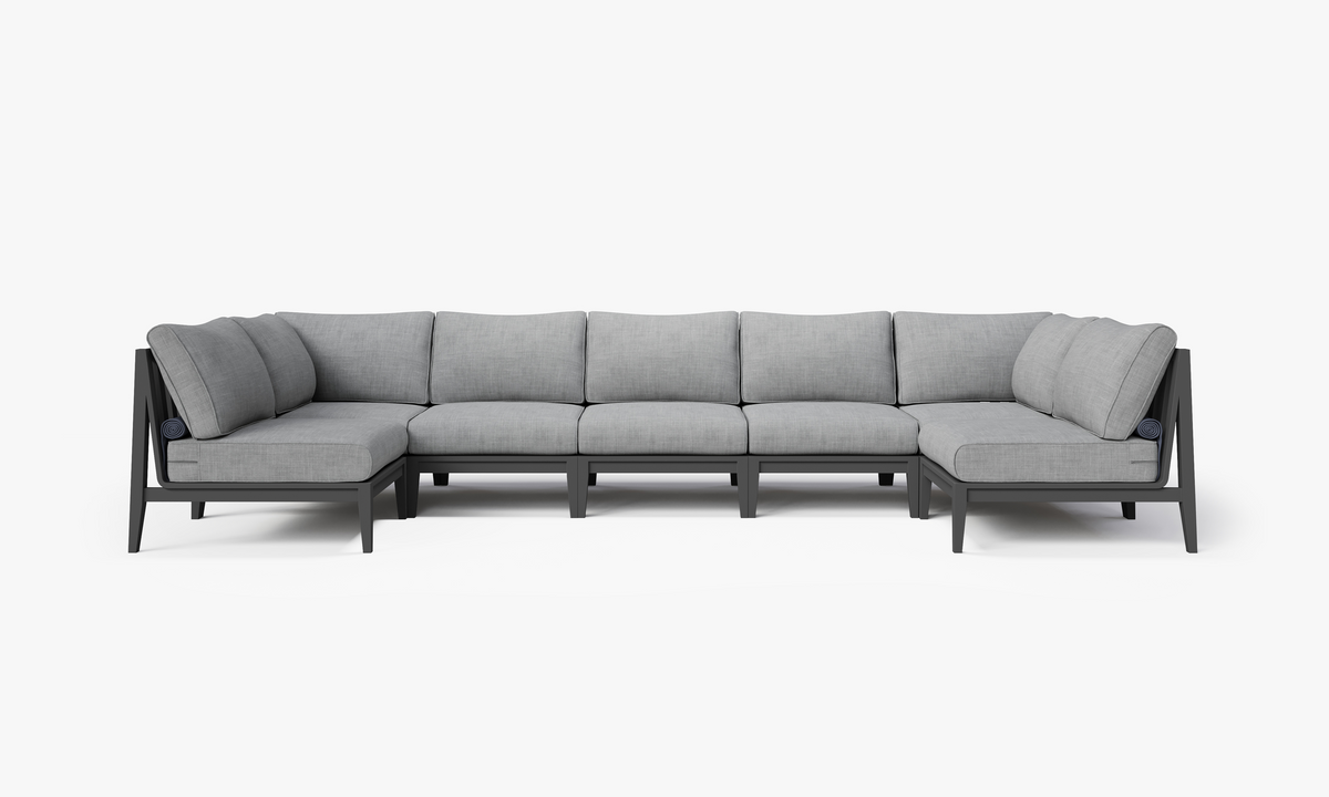 Charcoal aluminum U-shaped sectional sofa with layered gray cushions, featuring a clean, modern design suitable for outdoor spaces.