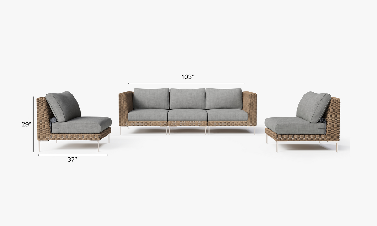 Brown wicker outdoor sofa set featuring three armless chairs and two corner chairs, with gray layered cushions. Modular design.