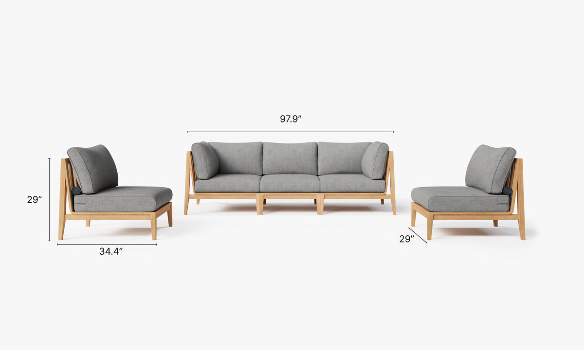 Teak outdoor sofa set with gray multi-layer cushions and natural wood frame, includes one three-seat sofa and two armless chairs.