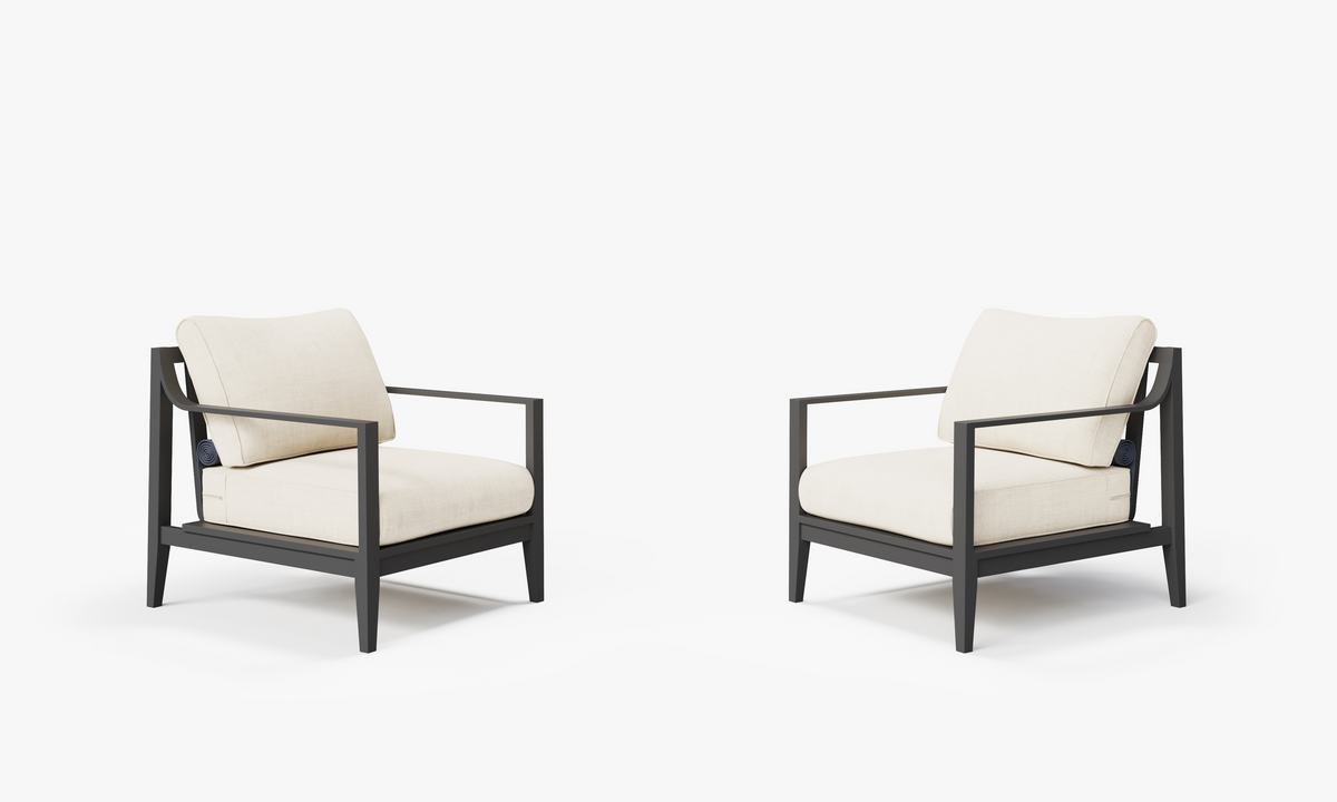 Charcoal aluminum armchair set featuring plush cream cushions with a modern design, perfect for outdoor seating.