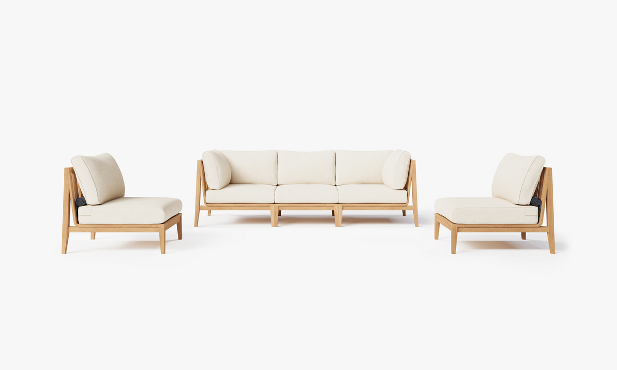 Outer Teak Outdoor Sofa with Armless Chairs features a natural wood frame with plush cream cushions, arranged in a 5-seat setup.