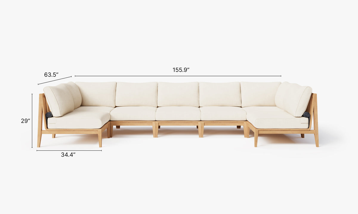Teak outdoor U-shaped sectional sofa with cream cushions, featuring modular design and a natural wood finish.