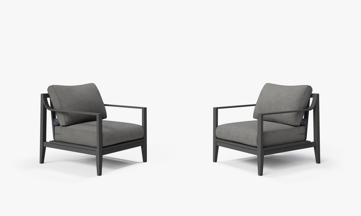 Charcoal aluminum armchair set with plush gray cushions, featuring a modern design suitable for outdoor spaces.