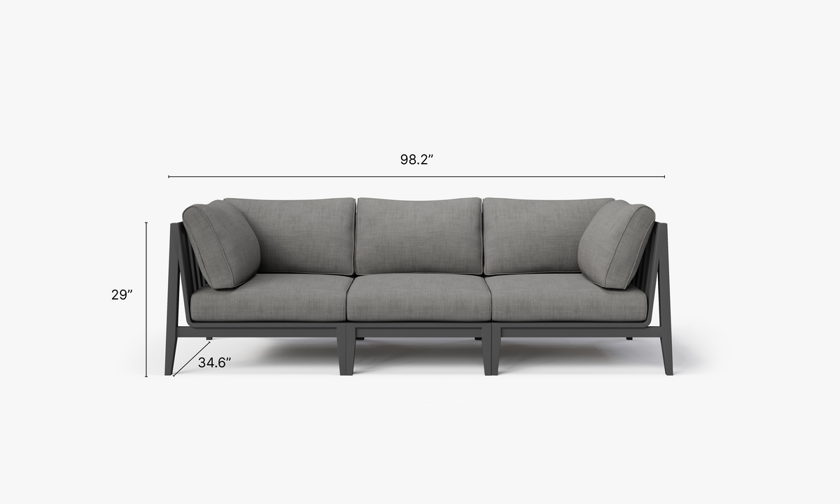 Charcoal aluminum outdoor sofa with three seats, featuring gray memory foam cushions and a sleek modern design.