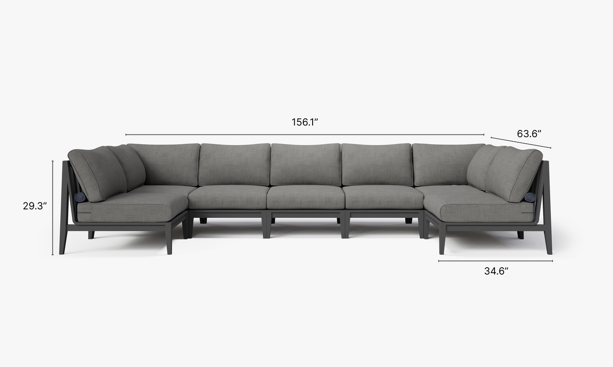 Charcoal aluminum U-shaped sectional sofa with layered gray cushions, designed for outdoor seating and relaxation.