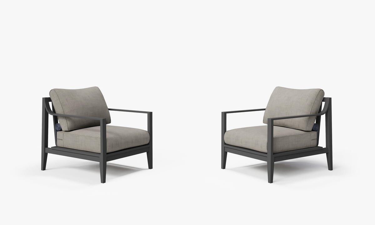 Charcoal aluminum outdoor armchair set with plush gray cushions, featuring sleek lines for a modern look.