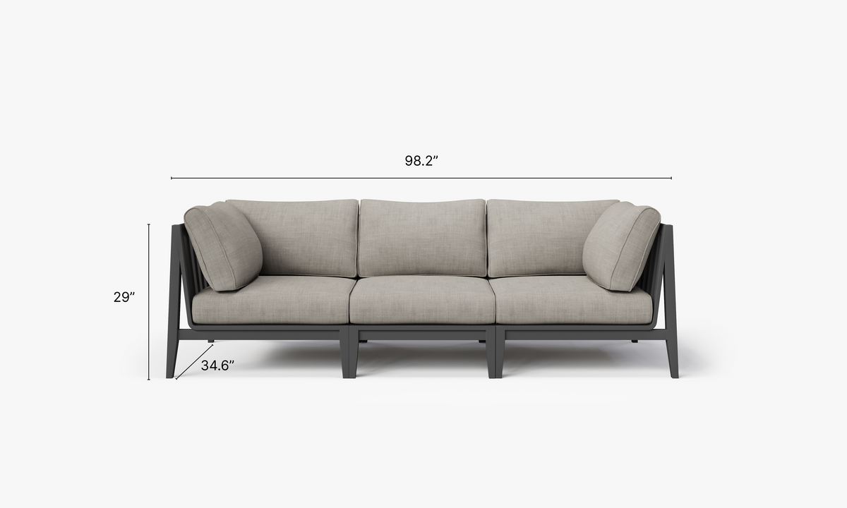 Charcoal aluminum three-seat outdoor sofa with layered memory foam cushions and contemporary design.