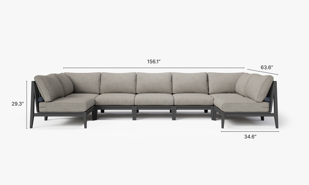 Charcoal aluminum outdoor U sectional with layered gray cushions, designed for seven-seat patio arrangements.