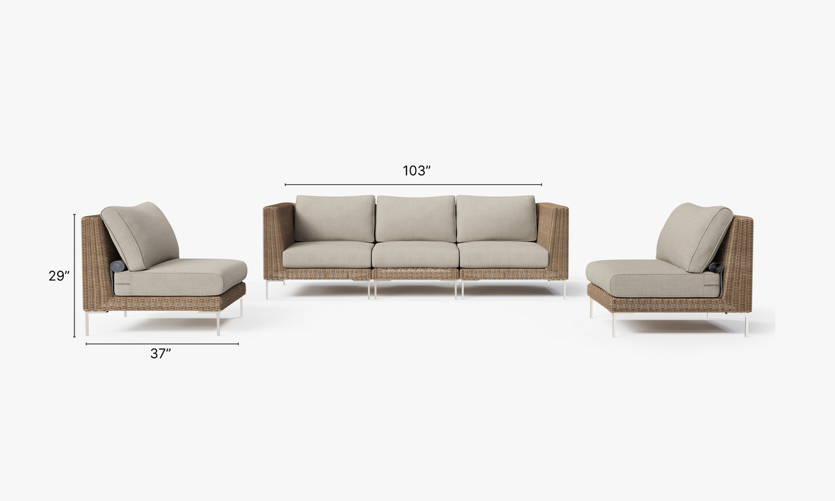 Brown wicker outdoor sofa with armless chairs, featuring layered cushions and sleek stainless steel legs. Modular design.