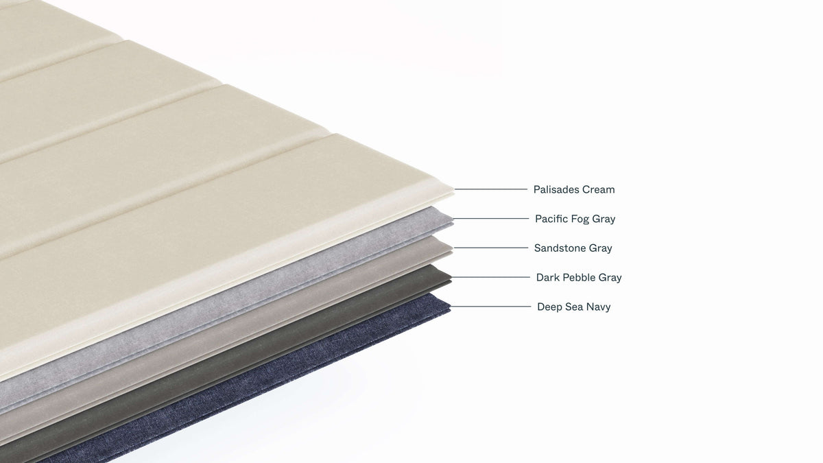 Several color samples for outdoor furniture fabric: Palisades Cream, Pacific Fog Gray, Sandstone Gray, Dark Pebble Gray, Deep Sea Navy.